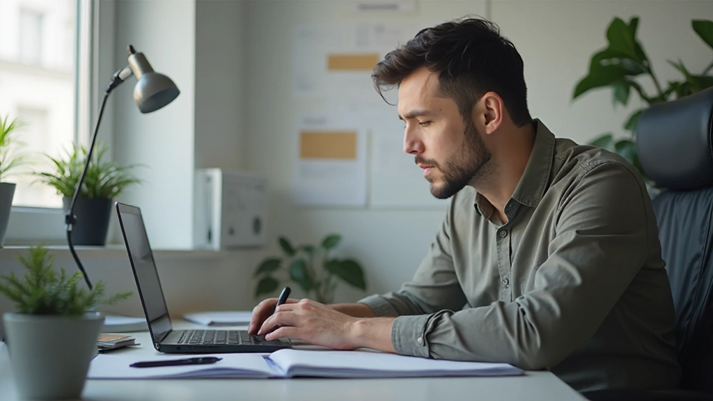 Человек в состоянии глубокой концентрации работает за компьютером в спокойной среде