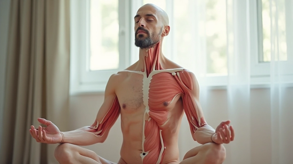 Анатомически правильный человек выполняет дыхательное упражнение в спокойной среде